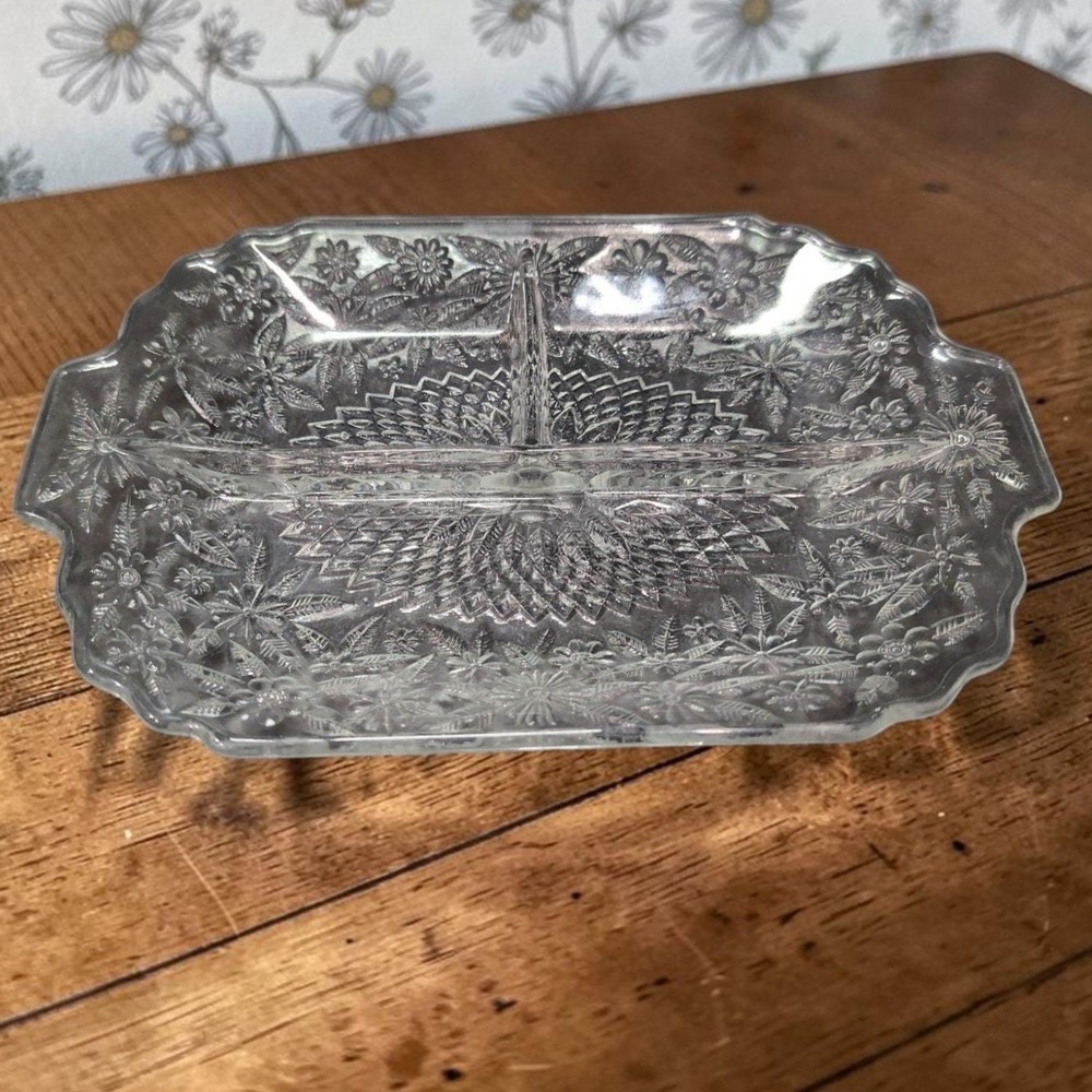 Indiana Glass Pineapple Floral Divided Platter, Vintage Clear Serving Tray/Plate